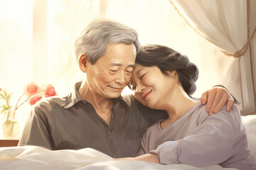 Obraz na płótnie Canvas Asian elderly couple in love, man and woman lie in bed. Love and romance. Family idyll. Happy morning for lovers. Valentine's Day.