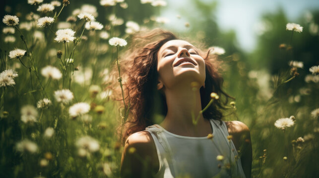 Young beautiful woman with long wavy hair feeling calm and relieved in nature, breathing the fresh air