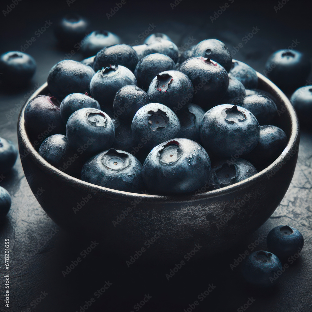 Wall mural Fresh ripe blueberries, exotic healthy bio fruit food concept solid dark background. ai generative