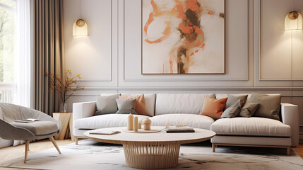living room interior, Round coffee table near white corner sofa with terra cotta cushions near paneling wall with art poster. Scandinavian home interior design of modern living room - obrazy, fototapety, plakaty