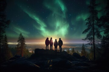 Northern Lights Celebration: Friends Gather on a Hilltop in the Lapland Mountains to Contemplate the Awe-Inspiring Beauty of the Aurora Borealis.

