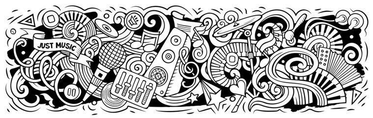 Obraz na płótnie Canvas Music cartoon doodles illustration. Line art musical vector banner