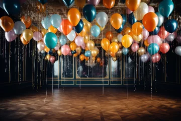 Abwaschbare Fototapete Metallic balloons in various colors fill the room for a lively New Year's Eve party © aicandy