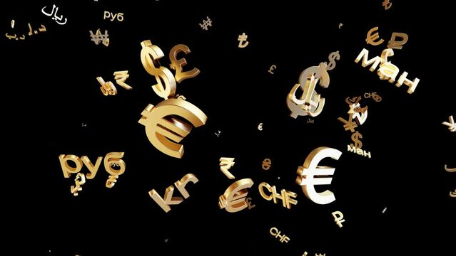 Various currencies flying around. US Dollar, Euro, Sterling, Turkish Lira, Ruble, Won, Yen, Riyal