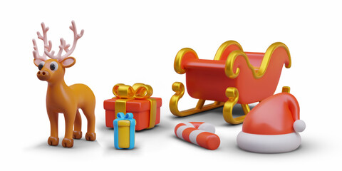 Set for transporting Christmas gifts. Empty Santa Claus sleigh, cute deer, gift boxes, candy cane, red hat. Vector color composition. Happy winter holidays