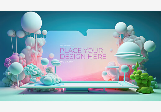 Colorful Frame Mockup Template with Computer Screen, Balloons, and Sky Background for Your Design | Sign Up and Place Your Design Here Frame Mockup Template