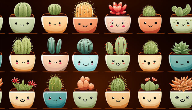 Pattern various type of cute cactus plants. Various cactus collection. Vintage silhouette style illustration.