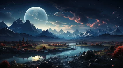 Zelfklevend Fotobehang Remote celestial body with eerie landscapes and cosmic background. AI generate illustration © PandaStockArt