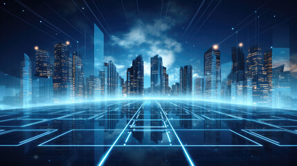 Skyscrapers city background with blue innovation 