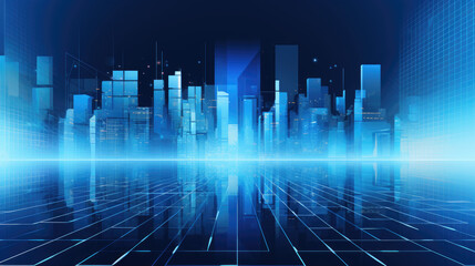 Skyscrapers city background with blue innovation 