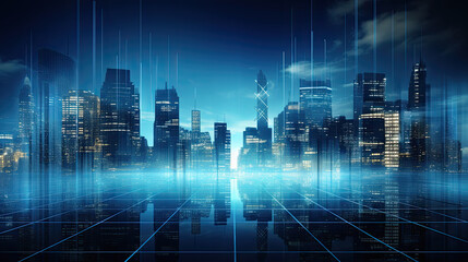 Skyscrapers city background with blue innovation 