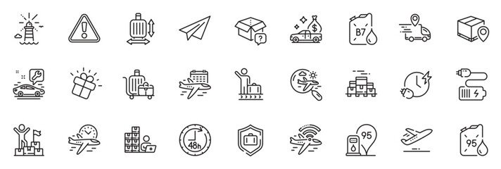 Icons pack as Baggage cart, 48 hours and Inventory line icons for app include Search flight, Warning, Cash transit outline thin icon web set. Plane, Gift, Battery pictogram. Vector