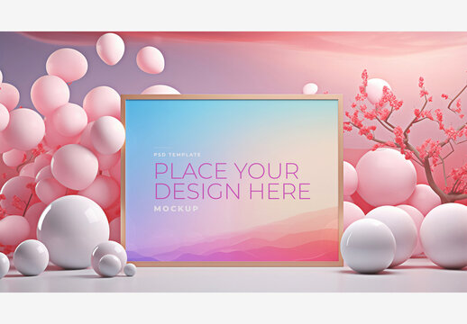 Colorful Frame Mockup Template: Pink and Purple Background with Balloons, Trees, and Clouds Frame Mockup Template Colorful