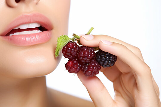 Close-Up of Woman's Mouth Savoring Juicy Blackberries Amidst Nature's Bounty AI generated