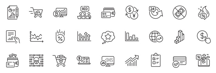 Icons pack as Demand curve, 3d chart and Add products line icons for app include Hot offer, Wallet, Upper arrows outline thin icon web set. Diagram chart, Travel loan, Document pictogram. Vector - obrazy, fototapety, plakaty