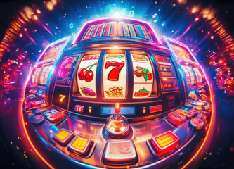 Casino slot machine closeup, spin gamble game, lucky fortune chance