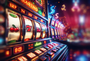 Casino slot machine closeup, bar spin gamble game, lucky sevens  - obrazy, fototapety, plakaty