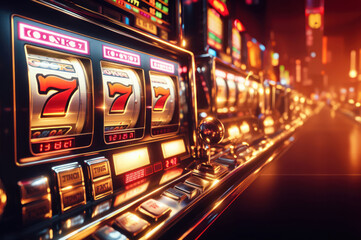 Casino slot machine closeup, bar spin gamble game, lucky sevens 
