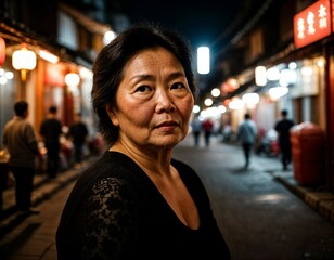 photo of senior old woman in china local street market at night, generative AI