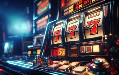 Foto op Canvas Casino slot machine closeup, bar spin gamble game, lucky sevens  © Rawf8