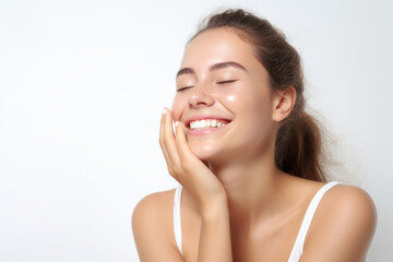 Portrait of a young smiling woman touching her flawless glowy skin on soft white background, skincare concept