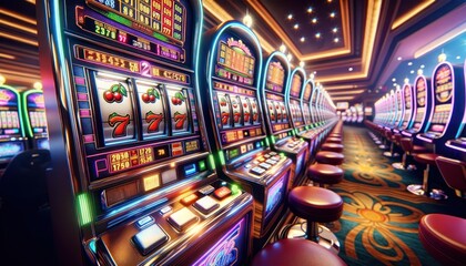 Casino slot machine closeup, spin gamble game, lucky fortune chance - obrazy, fototapety, plakaty