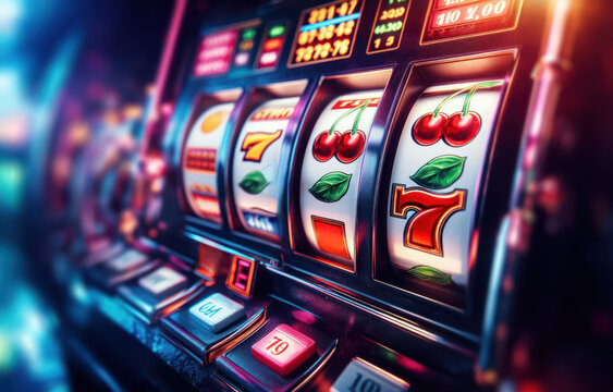 Casino slot machine closeup, spin gamble game, lucky fortune chance