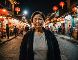Obraz premium photo of senior old woman in china local street market at night, generative AI