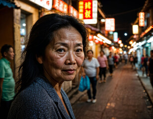 Obraz premium photo of senior old woman in china local street market at night, generative AI