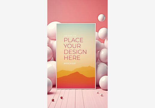 Colorful Frame Mockup Template: Mountain Scene Poster with Balls on Pink Background Frame Mockup Template Colorful