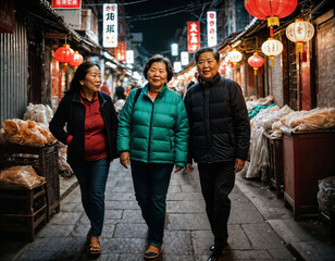 Obraz premium photo of senior old woman with friends in china local street market at night, generative AI