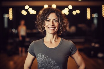 Portrait of a satisfied woman in her 40s sporting a vintage band t-shirt against a vibrant yoga studio background. AI Generation