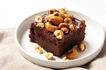 Fototapeta na wymiar chocolate cake with nuts, Piece of brownie cake with hazelnuts on white plate background