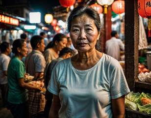 photo of senior old seller woman in china local street market at night, generative AI