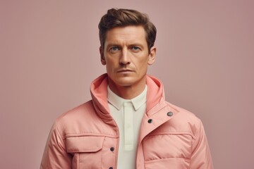 Obraz premium Portrait of a tender man in his 30s dressed in a water-resistant gilet against a pastel or soft colors background. AI Generation