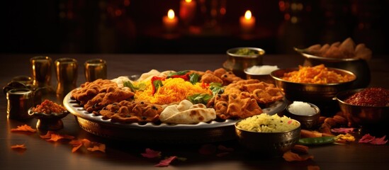 During Diwali a vibrant festival of lights the Indian restaurant served a scrumptious dinner with a variety of flat Indian breads paired with spicy Asian cuisine creating a delightful textur - obrazy, fototapety, plakaty