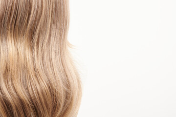 Fototapeta premium Natural looking shiny hair, fair blonde curls isolated on white background with copy space