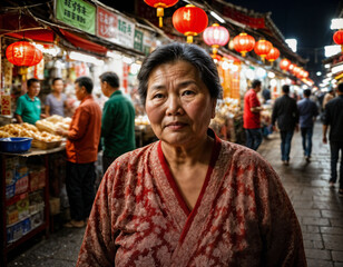 Obraz premium photo of senior old seller woman in china local street market at night, generative AI