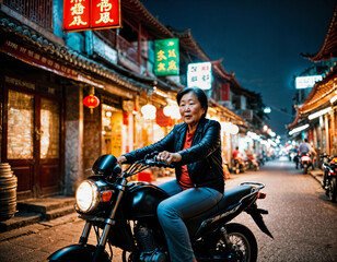 photo of senior old woman driving on motorcycle through china local street market at night, generative AI