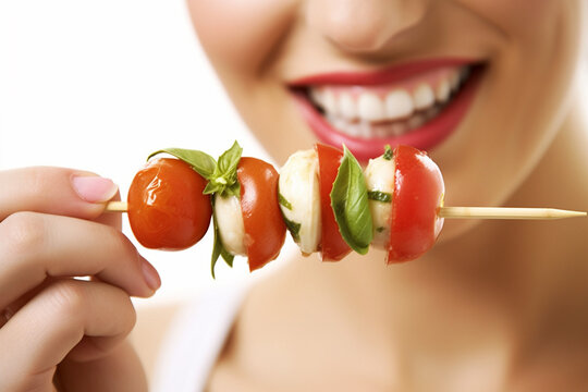 A Woman's Lips Savor the Juiciness of Fresh Tomatoes in Close-Up AI generated