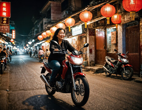 Photo Of Senior Old Woman Driving On Motorcycle Through China Local Street Market At Night, Generative AI