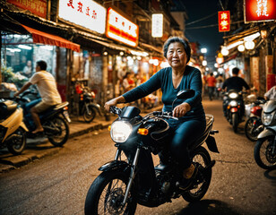 Fototapeta na wymiar photo of senior old woman driving on motorcycle through china local street market at night, generative AI