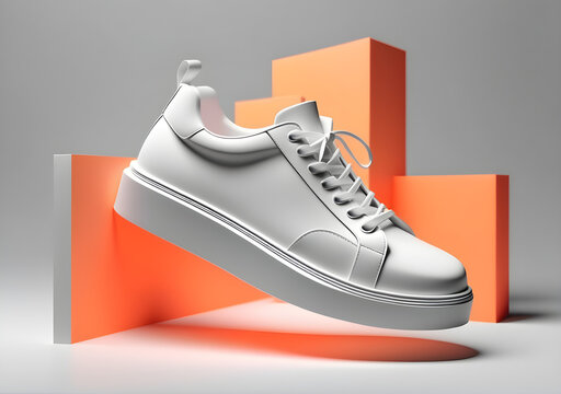 Creative minimal paper idea. Concept white shoe with white background. 3d render, 3d illustration.  AI Generative