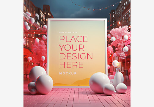 Vivid Frame Mockup Template: White Sign on Pink Floor with Balloons and Candle Holder on Brick Floor, Pink Background, White Balloon Arch, Red Light 
