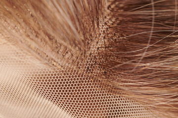 Natural looking blonde wig close-up details, natural hair, extension system