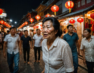 Fototapeta premium photo of senior old woman with angry mood in china local street market at night, generative AI