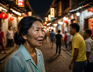 Fototapeta premium photo of senior old woman with angry mood in china local street market at night, generative AI