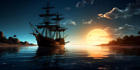 Pirate ship Retro or antique sailboat, Silhouette of pirate ship at night with mysterious sea light, ship in the sea, Free Vector sunset in the forest beautiful landscape background Generative AI

