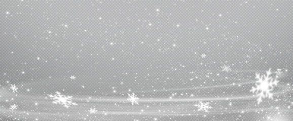 Snow and snowflakes on transparent background. Winter snowfall effect of falling white snow flakes and shining, New Year snowstorm or blizzard realistic backdrop. Christmas or Xmas holidays. - obrazy, fototapety, plakaty
