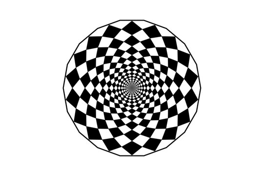 Hypnotic art mandala design, optical spiral illusion. Optical Checkered Circle Classic circular Op Art design in black and white. Vector illustration isolated on white background